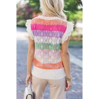 Rose Stripe Colorblock Hollowed Knit Scallop Edge Sweater Vest - L thumbnail