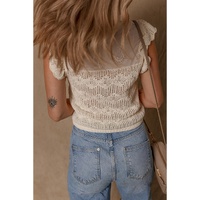 Beige Embroidered Patchwork Hollow Out Knitted Ruffle Sweater Vest - L thumbnail