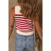 Red Stripe Textured Knit Ribbed Hem Sweater Tank Top - S thumbnail