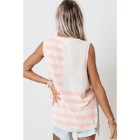 Beige USA Flag Notched Neckline Loose Sweater Vest - S thumbnail