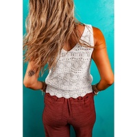 Beige Trendy Hollowed Knit V Neck Drawstring Sweater Vest - M thumbnail