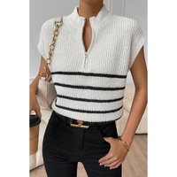 White Stripe Half Zip Split Stand Neck Sweater T-shirt - XL thumbnail