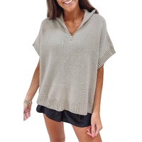 Light Grey Quarter Zip Short Batwing Sleeve Sweater - L thumbnail