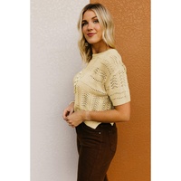 Beige Knitted Hollow out Short Sleeve Crop Sweater - M thumbnail