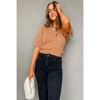 Light French Beige Fuzzy Short Sleeve Sweater - L thumbnail