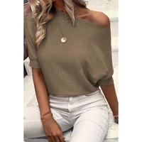 Coffee Round Neck Half Sleeve Ribbed Knit Top - S thumbnail