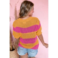 Orange Stripe Color Block Knitted T-shirt Sweater - XL thumbnail