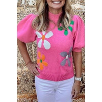 Bright Pink Floral Bubble Short Sleeve Sweater - XL thumbnail