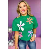 Bright Green Floral Bubble Short Sleeve Sweater - L thumbnail