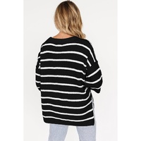 Black Stripe Henley Buttoned Placket Drop Shoulder Bracelet Sleeve Knit Sweater Tee - S thumbnail