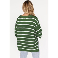 Green Stripe Henley Buttoned Placket Drop Shoulder Bracelet Sleeve Knit Sweater Tee - XL thumbnail