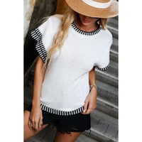 White Contrast Trim Round Neck Batwing Sleeve Knitted Top - XL thumbnail