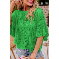 Green Pointelle Knit Scallop Edge Short Sleeve Top - L thumbnail