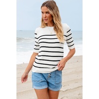 White Stripe Striped Half Sleeve Knitted Tee - L thumbnail