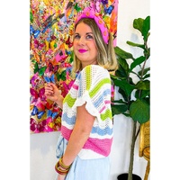 White Colorblock Crochet Knit Ruffled Short Sleeve Sweater Top - M thumbnail