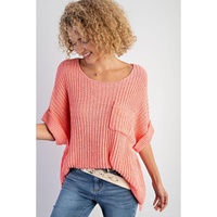 Fresh Salmon Rolled Cuffs Loose Knit Tee with Slits - L thumbnail