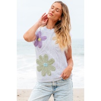 White Multi Crochet Flower Knit Short Sleeve Sweater Tops - S thumbnail