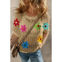 Light French Beige Crochet Flower Hollow-out Sweater T Shirt - M thumbnail