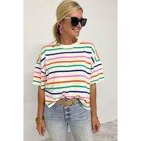 Beige Stripe Dropped Short Sleeve Boxy Fit Knitted Top - L thumbnail