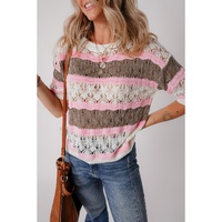 Brown Stripe Color Block Hollow Out Crochet Half Sleeve Sweater - L thumbnail