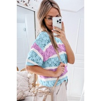 Purple Stripe Color Block Hollow Out Crochet Half Sleeve Sweater - M thumbnail