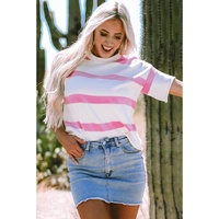 Pink Stripe Dropped Short Sleeve Lightweight Knitted Top - XL thumbnail