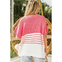 Strawberry Pink Contrast Stripes V Neck Knitted Short Sleeve Top - M thumbnail