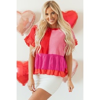 Tomato Red Mix Knitted Patchwork Ruffle Trim Loose Sweater - L thumbnail