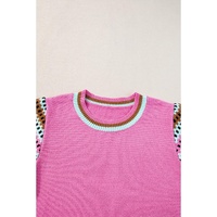 Bright Pink Contrast Printed Cap Sleeves Crewneck Sweater - L thumbnail