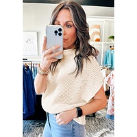 Beige High Neck Bat Short Sleeve Sweater - L thumbnail