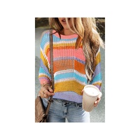 Pink Stripe Colorblock Hollowed Crochet 3/4 Sleeve Sweater - XL thumbnail