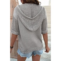 Light Grey Openwork Drawstring Hooded Short Sleeve Sweater Top - XL thumbnail