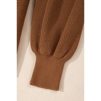 Camel Ribbed Knit Drop Sleeve V Neck Loose Fit Sweater - S thumbnail