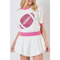Pink Sequin Rugby Color Block Puff Short Sleeve Sweater - S thumbnail