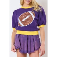 Purple Sequin Rugby Color Block Puff Short Sleeve Sweater - L thumbnail
