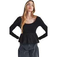 Black Ribbed Knit Long Sleeve Scoop Neck Peplum Patchwork Top - M thumbnail
