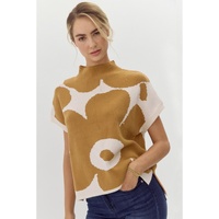 Camel Big Flower Pattern Stand Neck Short Sleeve Sweater - L thumbnail