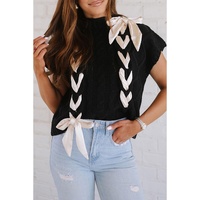 Black Cable Knit Colorblock Satin Bowknot Short Sleeve Sweater - M thumbnail