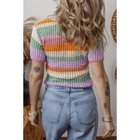 Orange Colorblock Striped Pointelle Knit V Neck Buttoned Crop Short Sleeve Sweater - M thumbnail