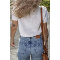 White Pointelle Knit Short Puff Sleeve Crewneck Sweater - M thumbnail