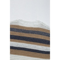 Pink Stripe Color Block Eyelet Knit Short Sleeve Sweater Tee - L thumbnail