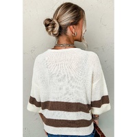 Brown Striped Accent Notched V Neck Cropped Sweater T Shirt - M thumbnail