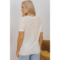 Beige Hollow Out Crochet O Neck Short Sleeve Sweater Tee - M thumbnail