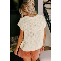 Beige Notched V Neck Short Sleeve Sweater - L thumbnail