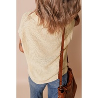 Oatmeal Solid Color Batwing Short Sleeve Round Neck Knit T Shirt - S thumbnail