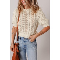 Beige Hollowed Pattern Knit Short Puff Sleeve Sweater - L thumbnail