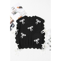Black Bow Print Side Ties Scalloped Hem Sweater T Shirt - L thumbnail