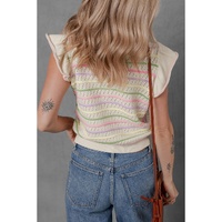 Oatmeal Colorful Striped Eyelet Knit Ruffled Sleeve Sweater T Shirt - S thumbnail