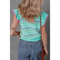 Green Colorful Striped Eyelet Knit Ruffled Sleeve Sweater T Shirt - XL thumbnail