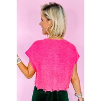 Bright Pink Distressed Hem Short Sleeve Knitted Button Front Sweater - L thumbnail